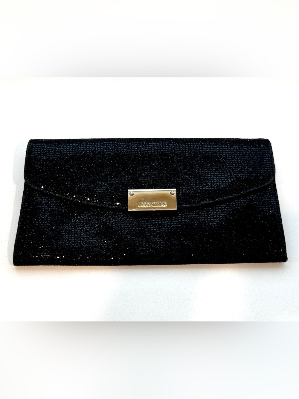 Jimmy Choo Vintage Black Glitter Envelope Clutch with Gold Plaque